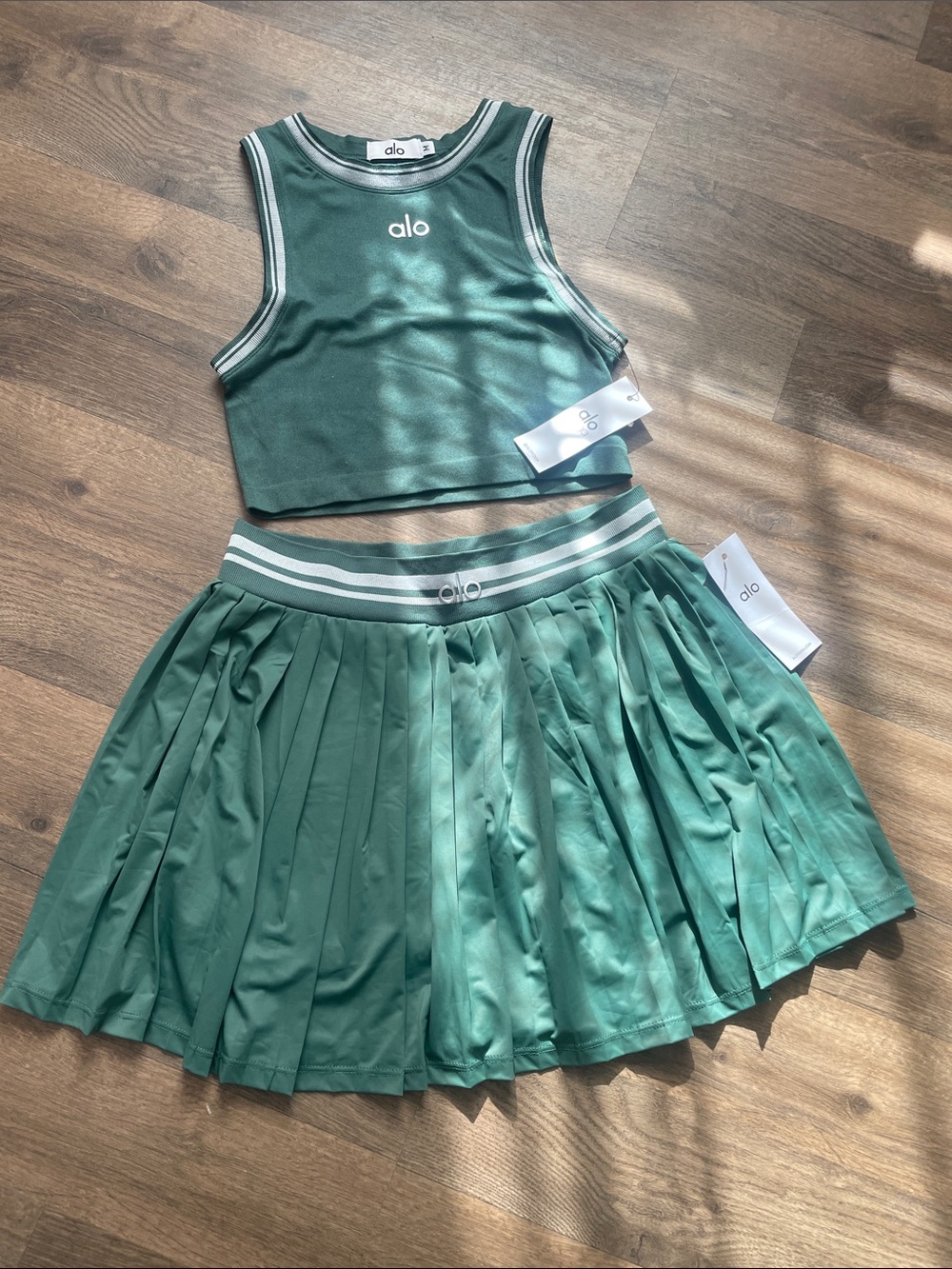 ALO Yoga Sage Green Crop Top & Pleated Skirt Set